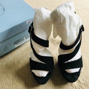 Authentic PRADA black suede strappy platform sandals 38